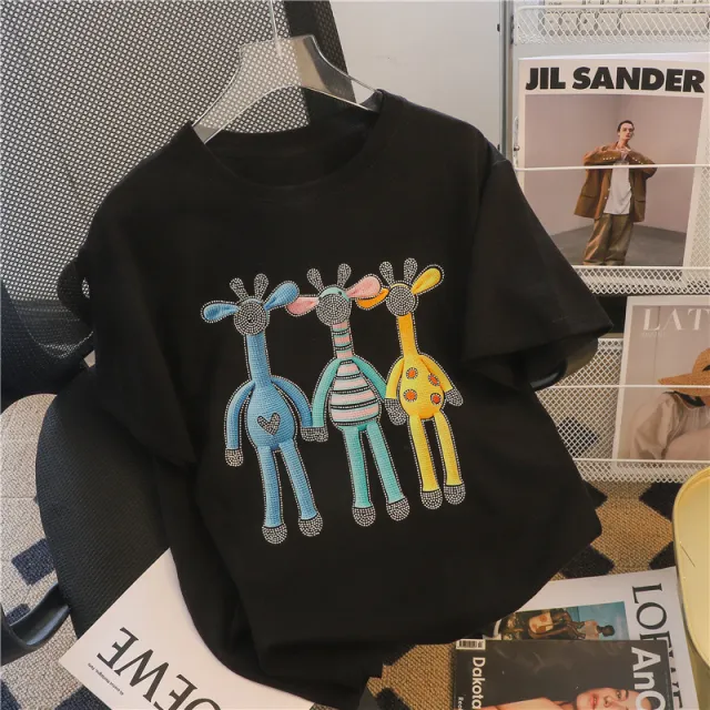 Three dimensional Hot Diamond Cartoon Short sleeved T shirt Women's Clothing Black - Shop at LoveMi