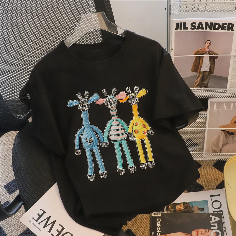 Three-dimensional Hot Diamond Cartoon Short-sleeved T-shirt Women's Clothing - Black