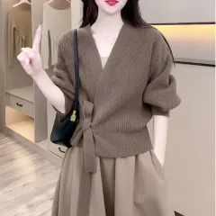 Knitted Cardigan Women's V-neck Short Long-sleeved Shirt - Deep Khaki - View 1