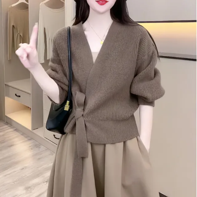 Knitted Cardigan Women's V neck Short Long sleeved Shirt Deep Khaki - Shop at LoveMi