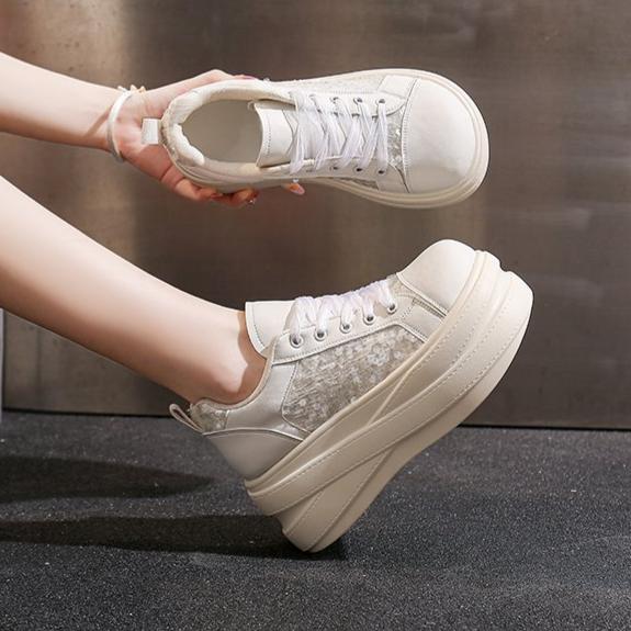 Women Glitter Sequin Panel Platform Sneakers Faux Leather Multi Layer Thick Sole Lace Up Chunky Trainers Round Toe Pull Tab Low Top Sparkly Street Fashion Daily Casual Shoes 1