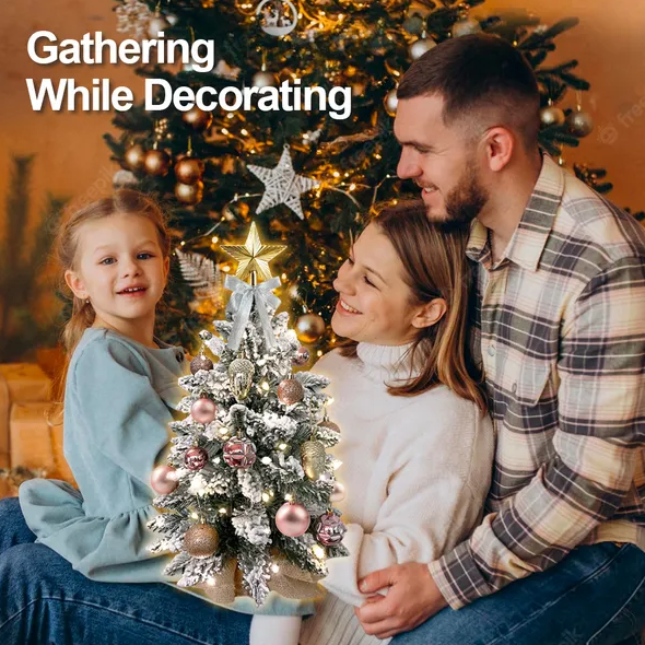 22in Tabletop Christmas Tree With Light Artificial Small Mini Red Christmas Decoration With Flocked Snow, Exquisite Decor & Xmas Ornaments For Table Top For Home & Office, Red - Image 2