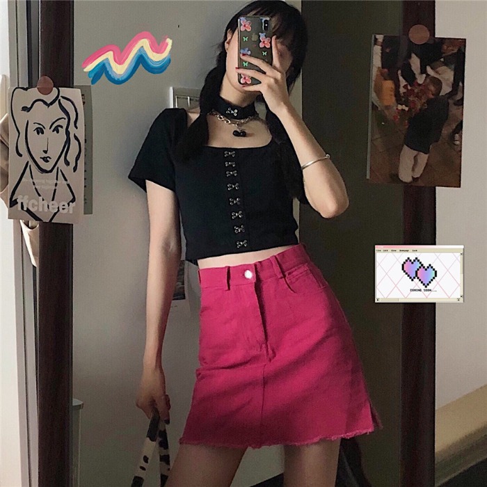 Dragon Fruit Color Denim Short Skirt Female Korean Version Of The High Waist And Thin Split A-line Bag Hip