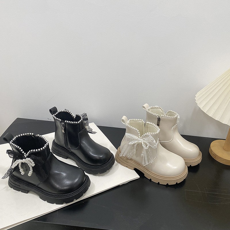 2026 Spring New Princess Boots For Girls, Kids Martin Boots, Bow & Pearl Decor Soft Sole Leather Boots For Big & Medium Kids