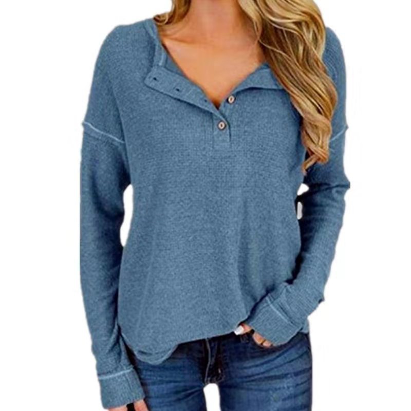 Long-sleeved Shirt V-neck Buttoned Ladies T-shirt