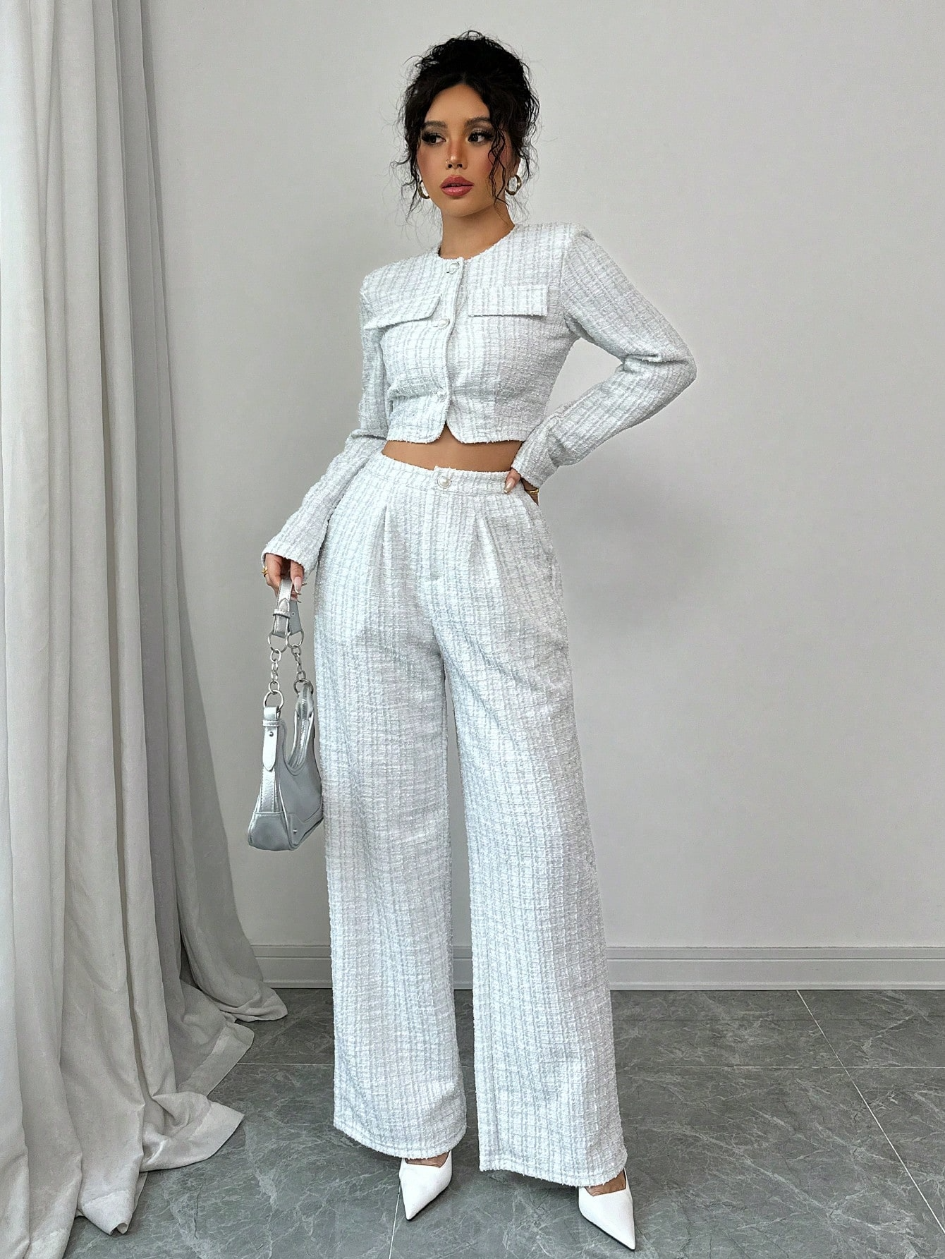 Elegant Women's Tweed Two-Piece Set – Pearl Button Short Jacket