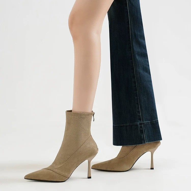 Women Vintage Suede Pointed Toe Stretch Slouch Ankle Boots, French Stiletto Heel Fashion Martin Boots