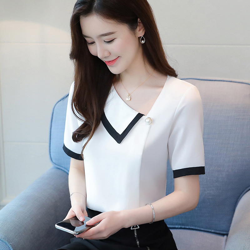 One Word Collar Short Sleeve Contrast Shirt Design Sense Female