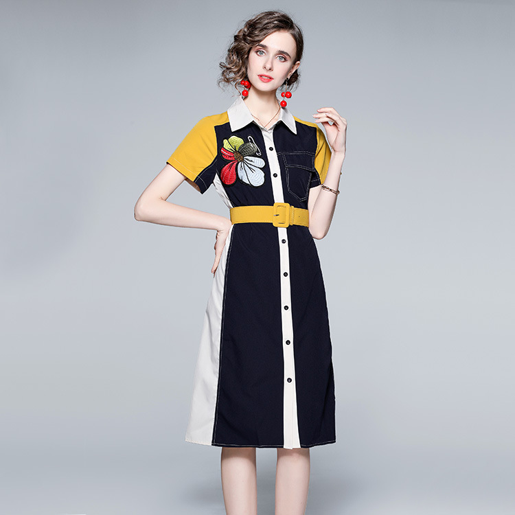 Printed Embroidery Lapel Short Sleeved Shirt Dress