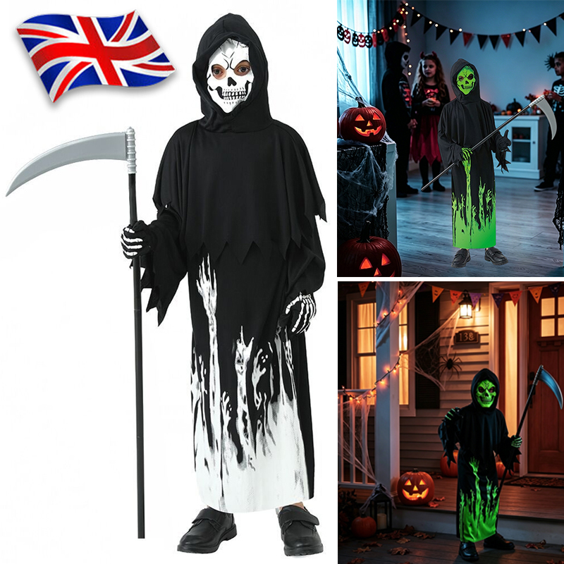 Glow In The Dark Grim Reaper Halloween Boys Fancy Dress Complete Outfit 5-9 — image 5