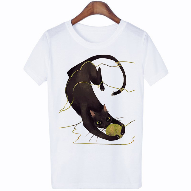 New Summer Cat Short-sleeved Cute Cartoon Print Ladies Round Neck White Top T-shirt Short-sleeved