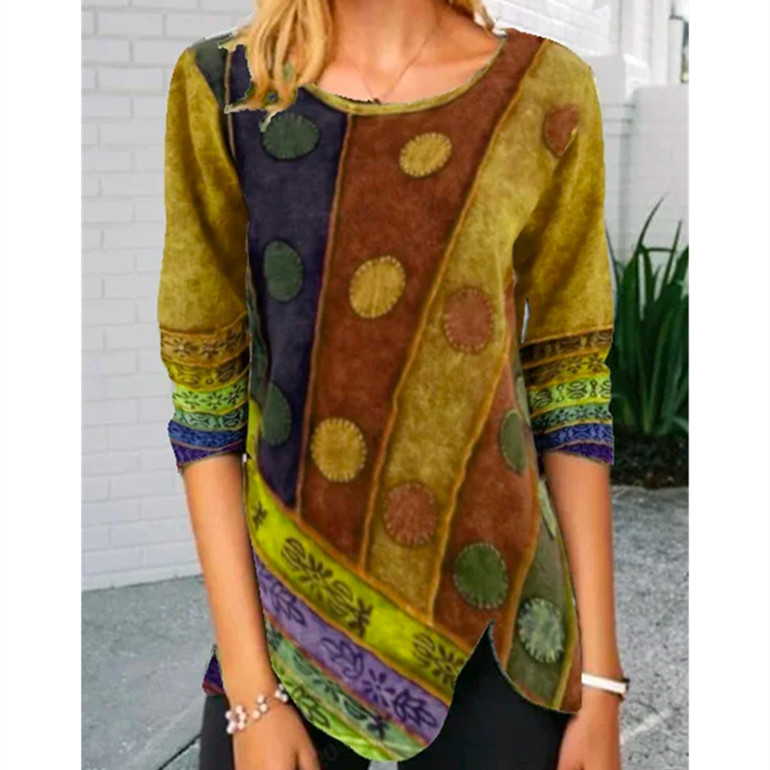 Title 5, Ladies Stitching Printed Multicolor Long-sleeve...