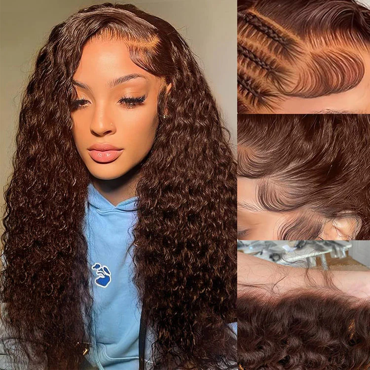4x4 Lace Water Wave Human Hair Wig, Brown, Density