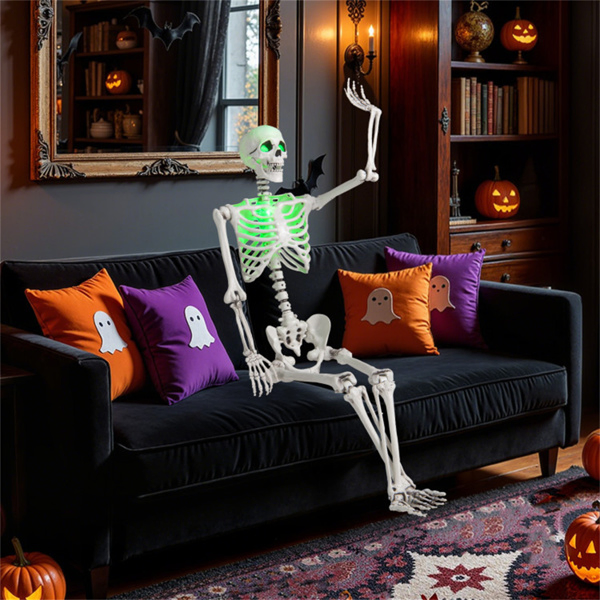 5.5ft Life-Size Pre-Lit Halloween Skeleton - Built-In Green LED Lights (Eyes/Chest), Fully Poseable Joints, PP+PE Material-17