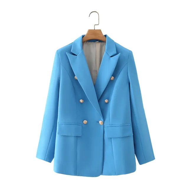 Women's Suit Long Sleeve Short Jacket French Double Breasted Blue - Shop at LoveMi