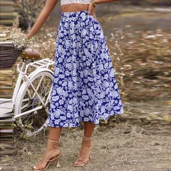 New Spring And Summer Style Bag Hip Print Elastic Waist Chiffon Midi Skirt - Blue - View 1