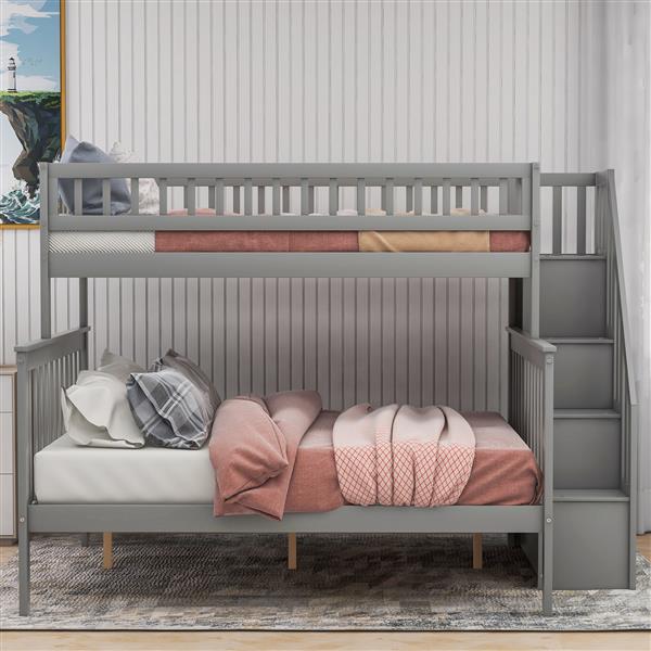 Twin Over Full Stairway Bunk Bed With Storage, Gray_voghion.com