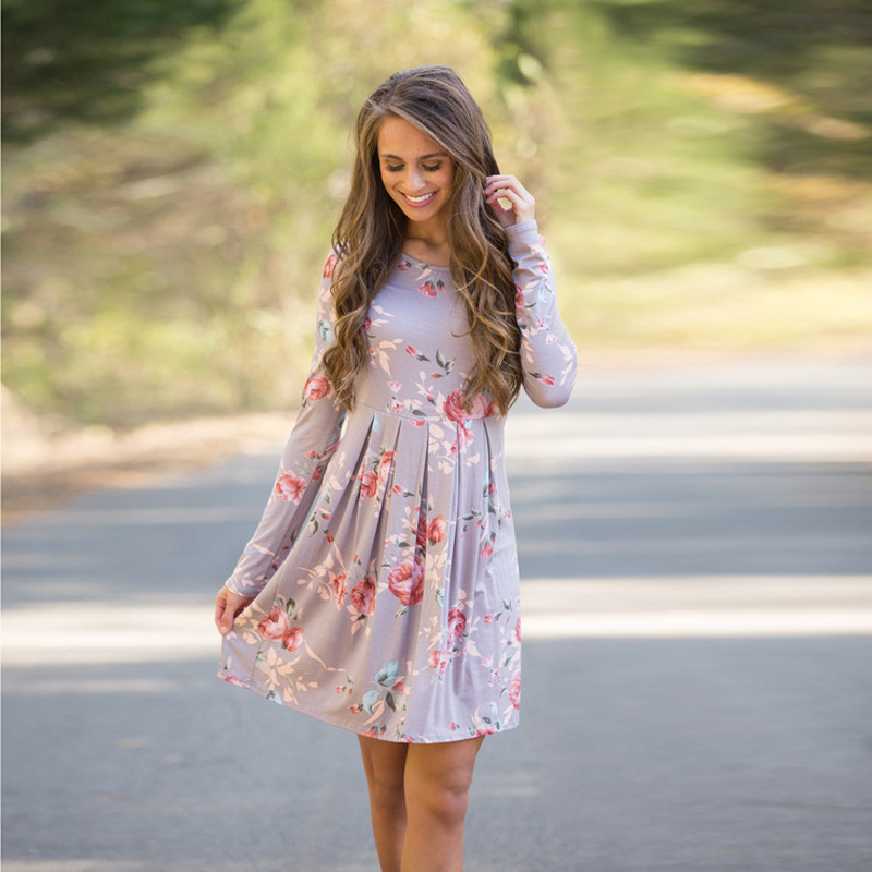 Printed Long-Sleeved Dress With Large Hem