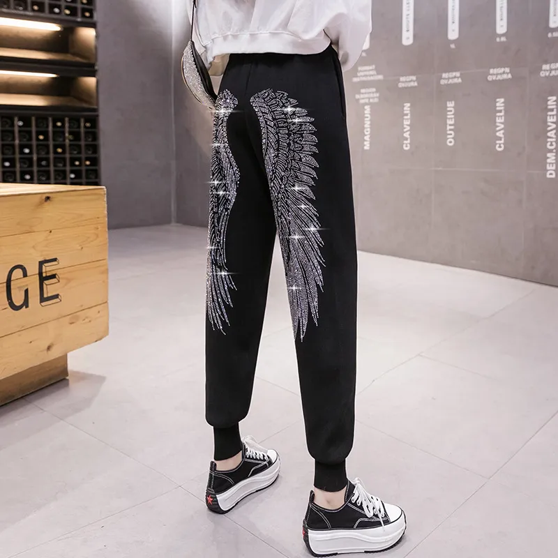 Hot Rhinestone Casual Women's Autumn Loose Ankle Ankle Pants - Silver