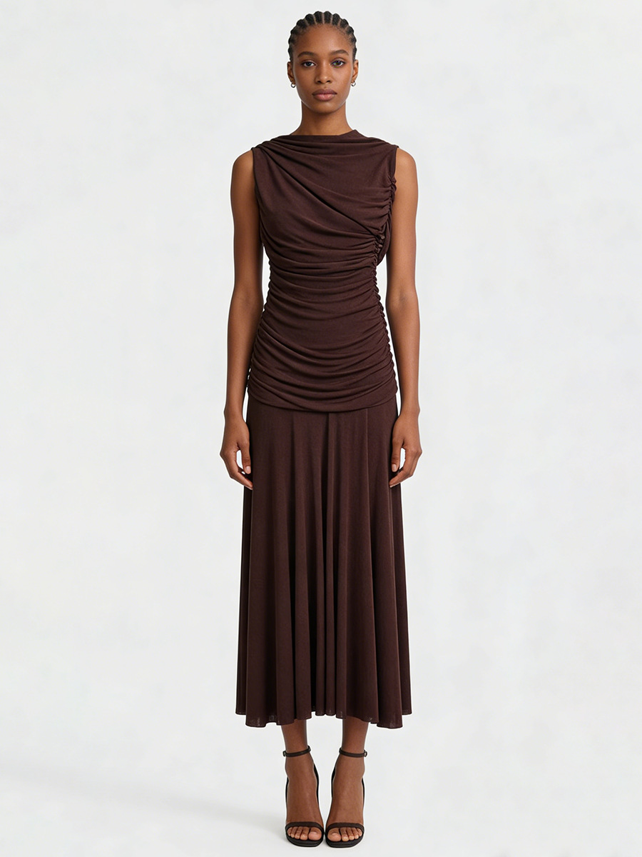 Sleeveless Turtleneck Dress With Gathered Waist