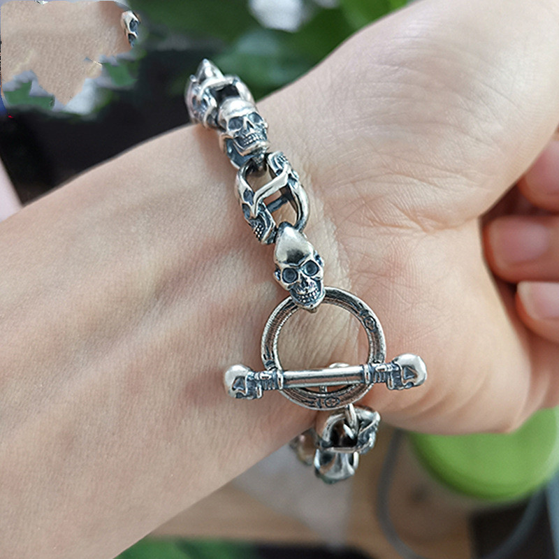 Title 1, Punk Double-sided Skull Bracelet Sterling Silve...