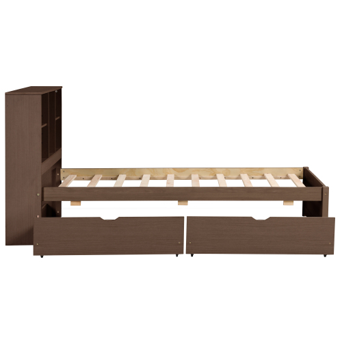Modern Twin Size Bed Frame With Built-in USB Port On Bookcas