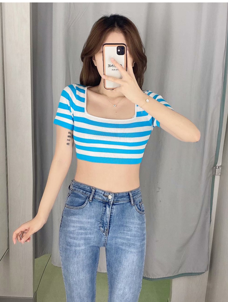 Title 3, New Two-tone Striped Square Neckline Cropped Sh...