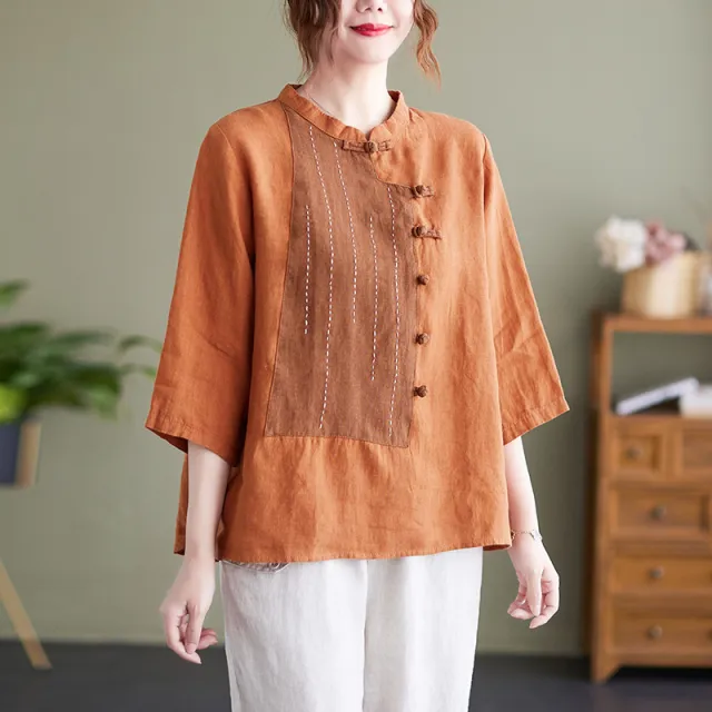 Stand Up Collar Button Contrast Patchwork Cotton Linen Shirt Orange - Shop at LoveMi
