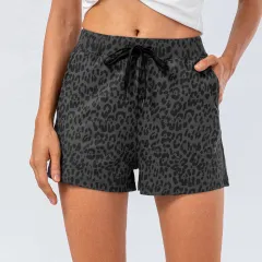 Women's Loose Casual Nude Sports Shorts - Dark Grey Leopard Print - View 1