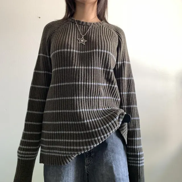 Women's Striped Long Sleeve Top Loose Casual Knitting Sweater Army Green - Shop at LoveMi