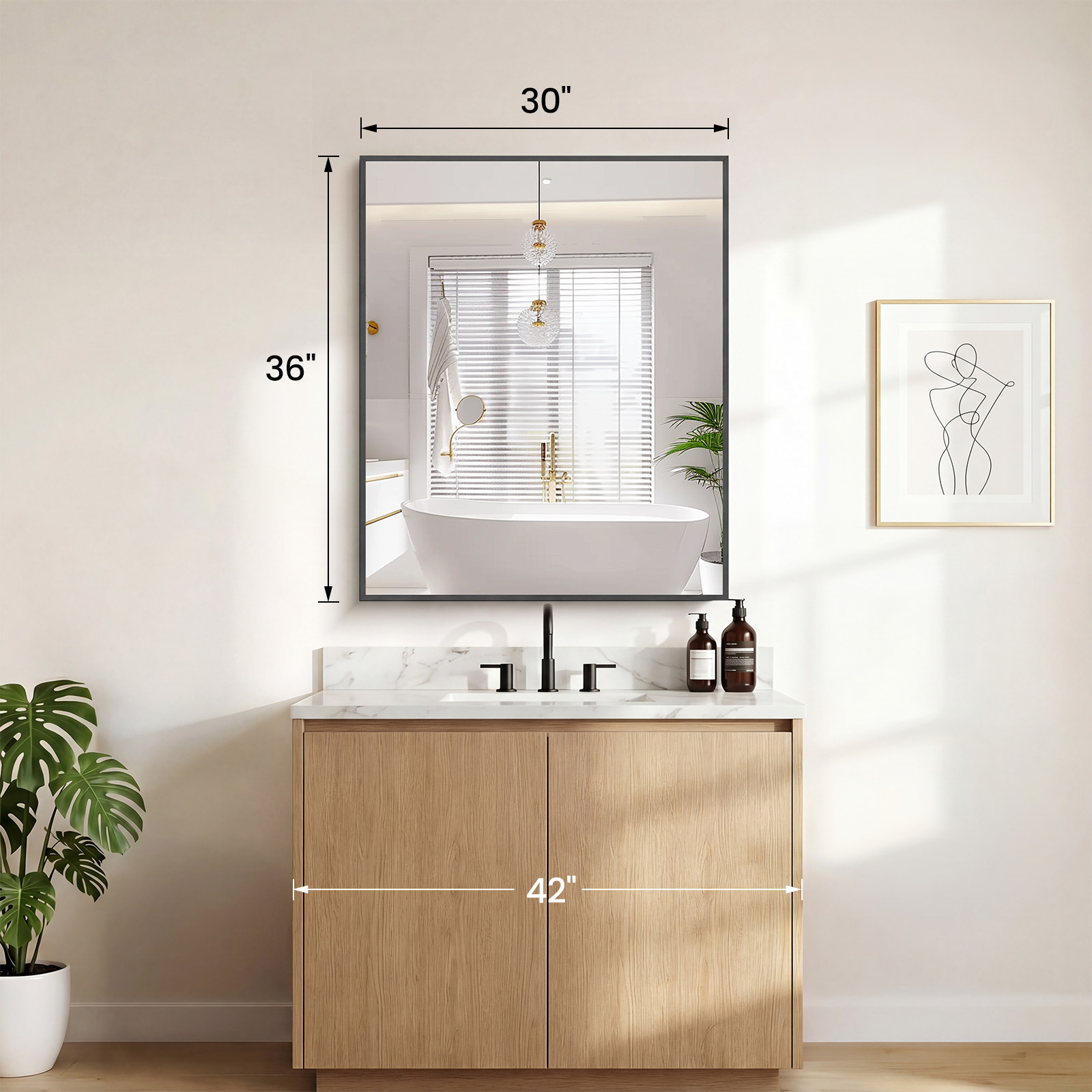 Above The Countertop, There Is A Rectangular Wall-mounted Bathroom Mirror With A Metal Frame And Made Of Tempered Glass. image 15