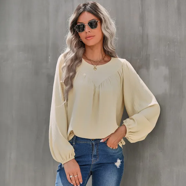 Women's Solid Color Round Neck Pullover Shirt Loose Shirt Apricot - Shop at LoveMi