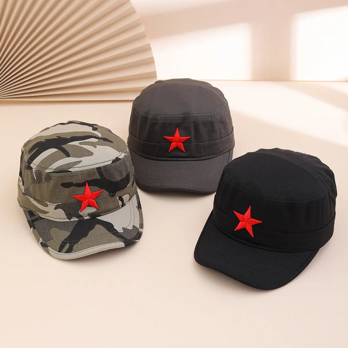 Outdoor Camouflage Flat-top Hat With Three-dimensional Embroidered Five-pointed Star Emblem And Sunshade Brim Hat, Suitable For Outdoor Wear.