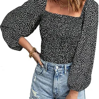 Square Neck Long Sleeve Waist Thin Lantern Sleeve Casual Top Women's Pullover Black Flowers - Shop at LoveMi