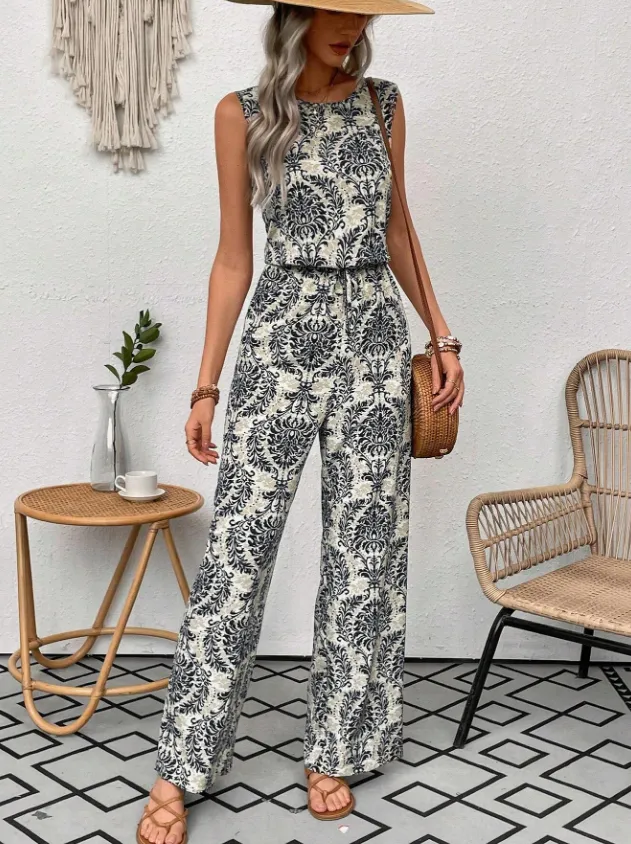 Printed Waist Cinching Casual Straight Leg Pants Set Black - Shop at LoveMi