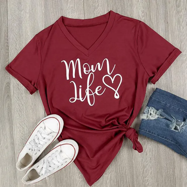 Women's Short sleeved Printed Loose Top Wine Red - Shop at LoveMi