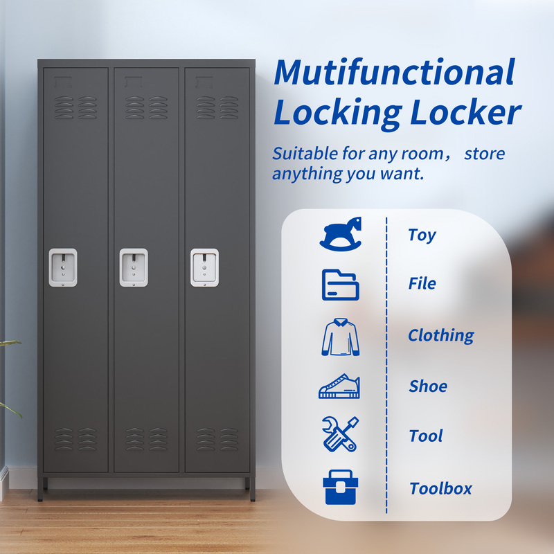 3-Door 72in Steel Locker W Locks For Employees, Storage Cabinet For Home Gym Office School Garage, Gray,Black 9