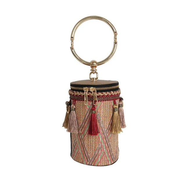 Chain Ethnic Style Ring Portable Straw Shoulder Bag Khaki - Shop at LoveMi