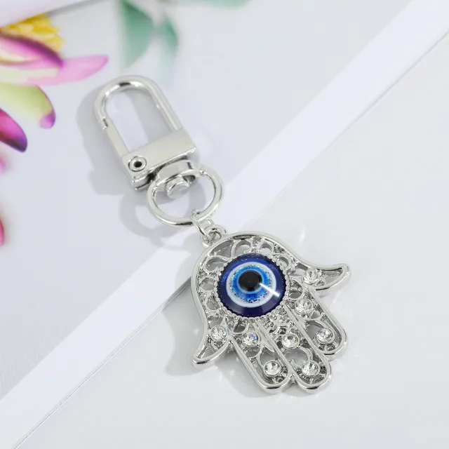 Blue Eye Key Ring Bag Pendant Silver Hollow Flower Hand - Shop at LoveMi