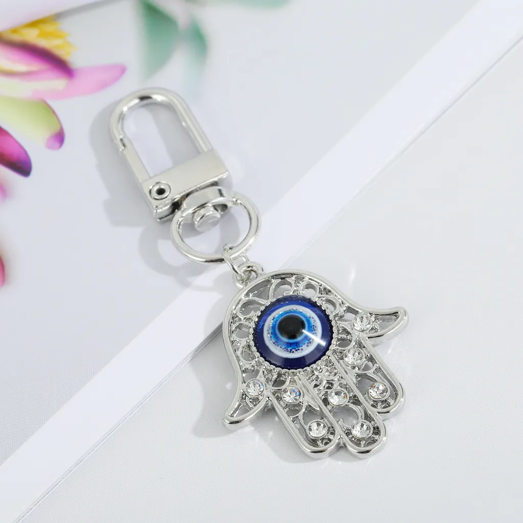 Blue Eye Key Ring Bag Pendant - Silver Hollow Flower Hand