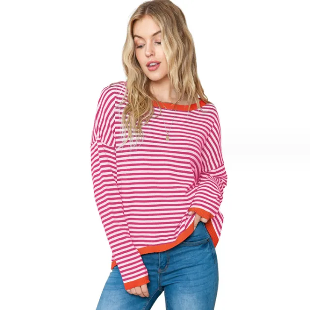 Shiying Contrast Color Trim Striped Off shoulder Sweater Women's Cross border Loose All match Long Sleeve Pink - Shop at LoveMi