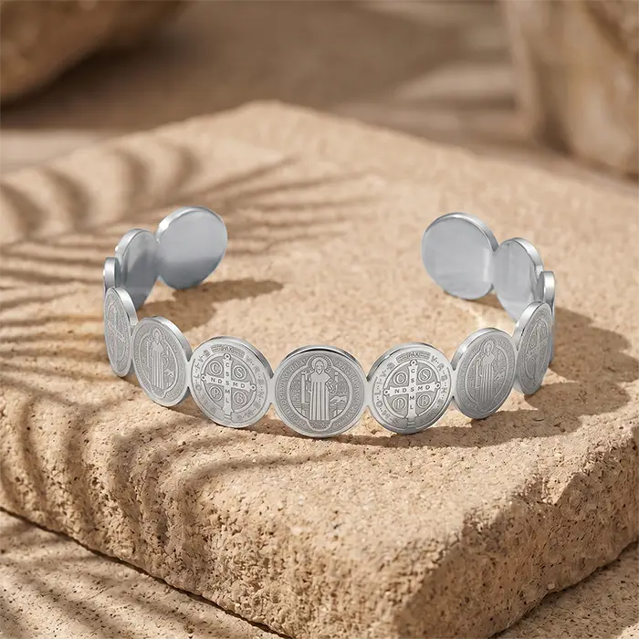 St. Benedict Medal Cuff Bracelet Stainless Steel Religious Protection Bangle, Gold Silver Tone Catholic Saint Jewelry For Men & Women