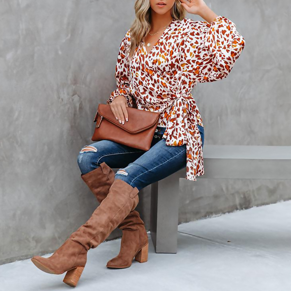 Fashion Print Lantern Sleeve Loose Ladies Top