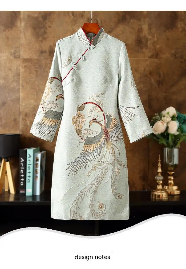 New Improved Phoenix Wear Peony Slim-fit Three-quarter Sleeve Mid-length National Cheongsam And Dress