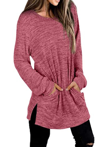 Title 8, Casual Loose Round Neck Pocket Long Sleeved Mid...