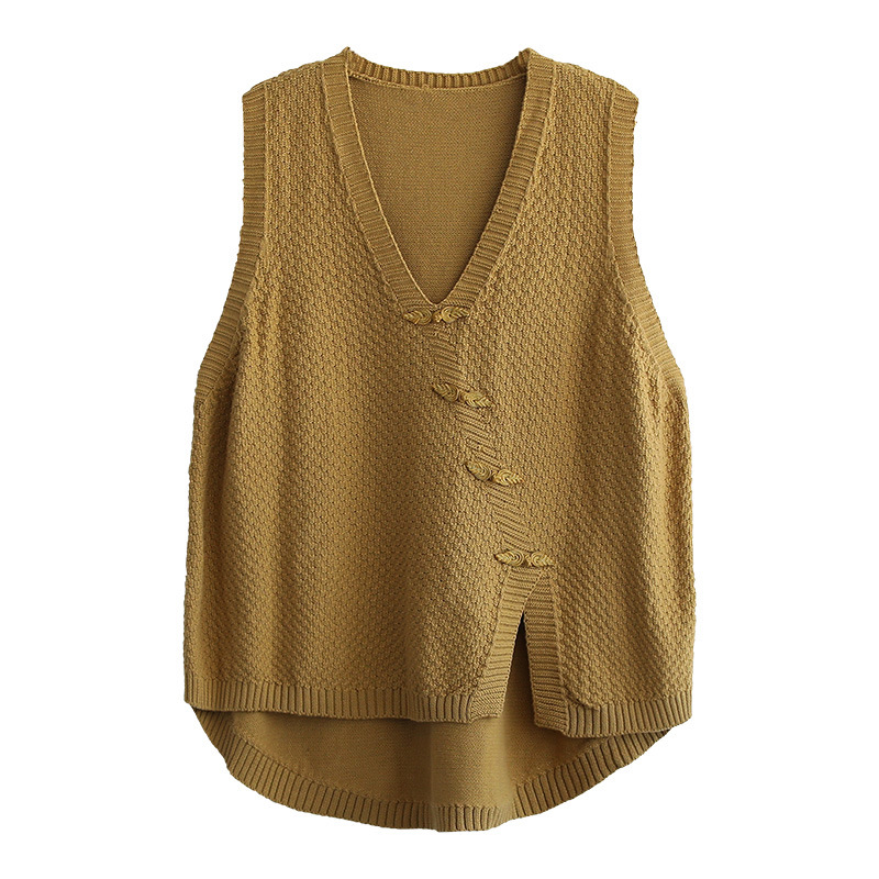 Solid Color Slanted Flap Button Loose V-neck Cotton Knit Vest