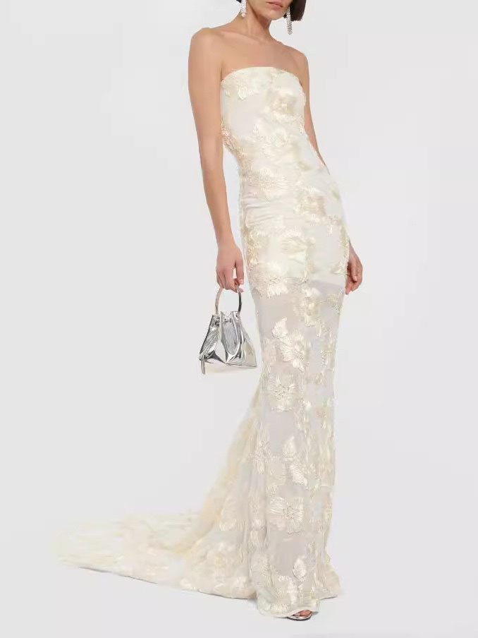 Strapless Floral Lace Mermaid Gown With Train
