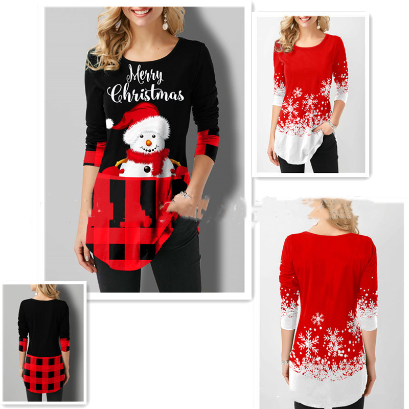 Christmas Snowman Print Slim Round Neck Long Sleeve T-shirt
