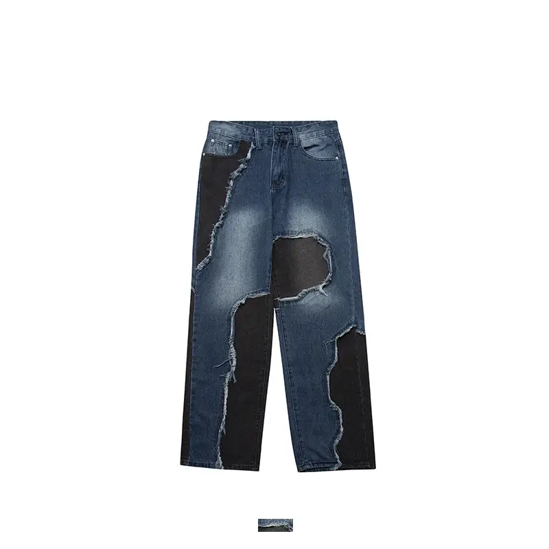 Raw Edge Contrast Color Stitching Jeans Personality