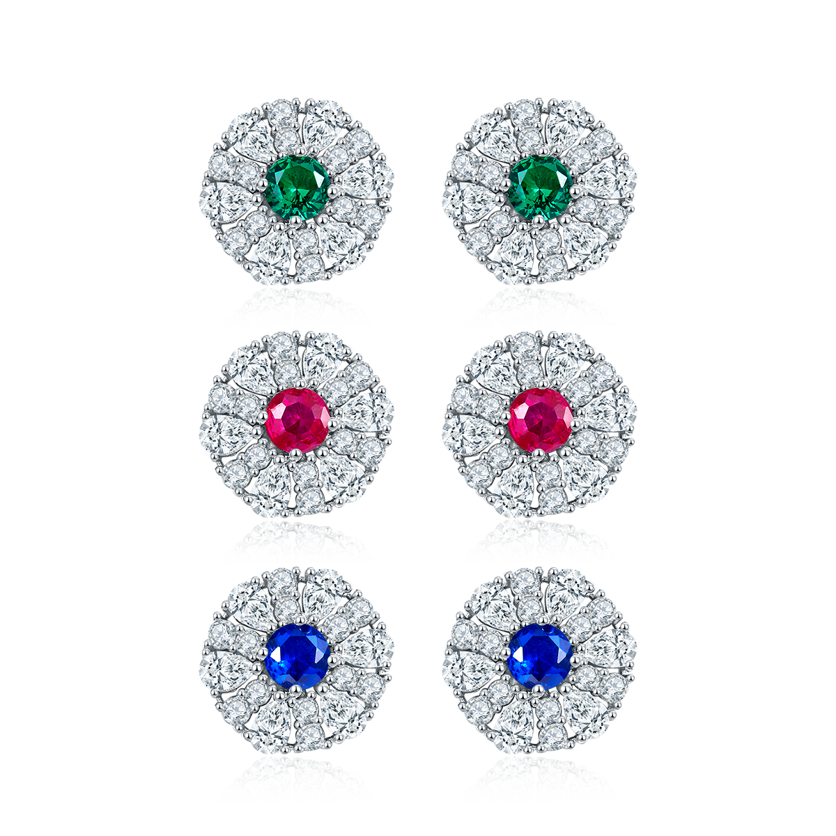 S925 Sterling Silver Cluster Stud Earrings, 3.5mm Lab-Grown Ruby Sapphire Emerald Halo, Platinum Plated 2.2g Women's Jewelry Gift Box